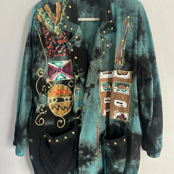 Vintage 90s Women’s Charle Casuals Art Jacket XL Boho Tribal Hand Painted Cotton - Picture 6 of 10